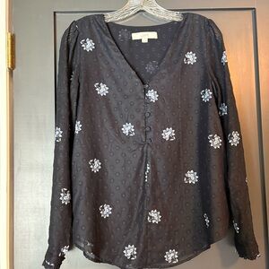 LOFT Navy Floral Button-Front Long-Sleeve Blouse